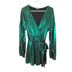 Yoins Shiny Emerald Green Romper w/belt and pockets Large Size 12